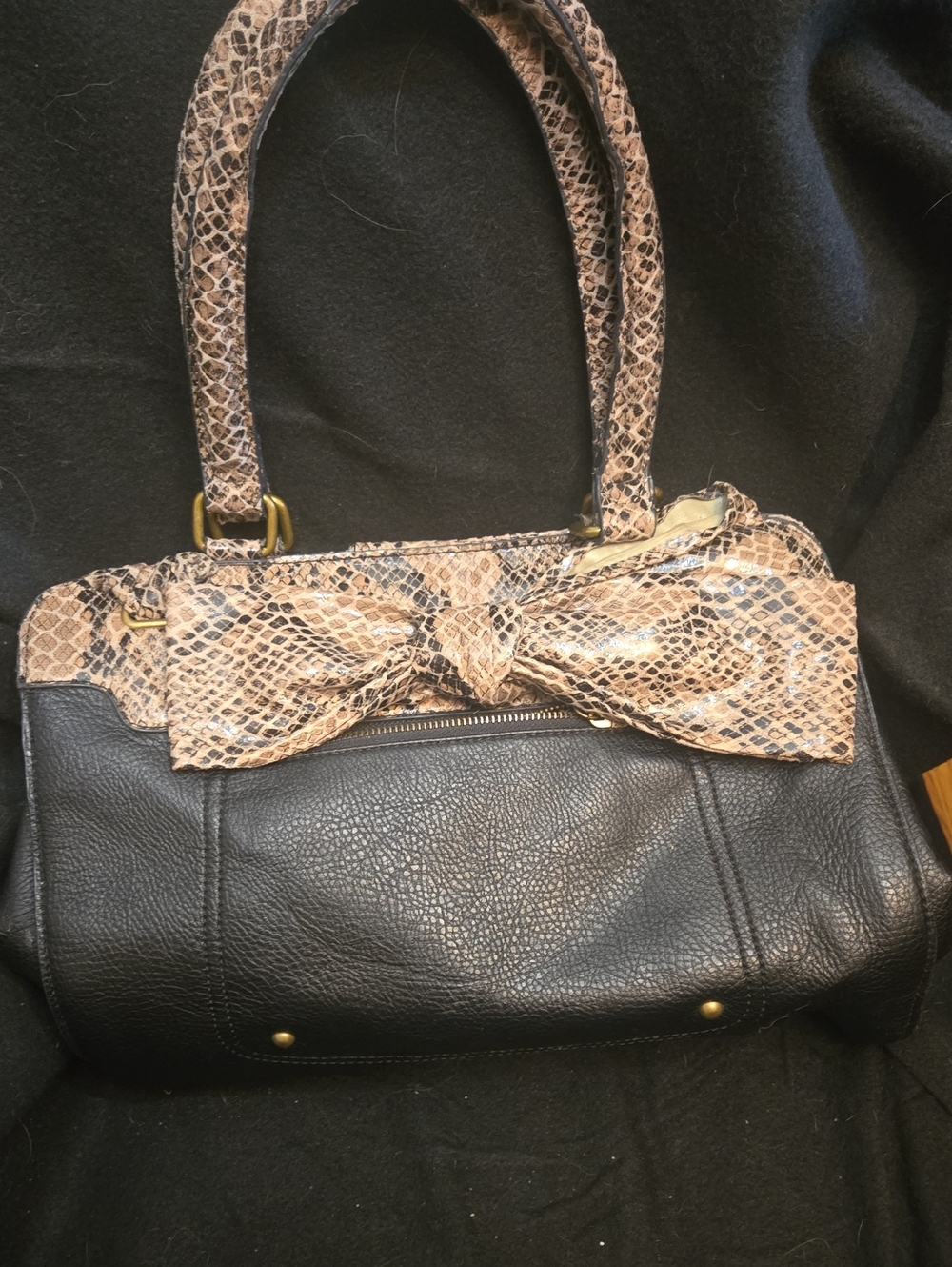 Jessica Simpson Black Shoulder Bag with Snakeskin Bow Accent